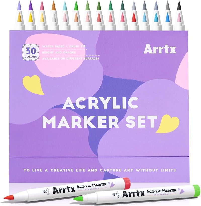 Arrtx Acrylic Markers 30A,Brush Tip Acrylic Paint Pens Markers for Rock Painting, Wood, Ceramic,Glass,Canvas,Metal,Plastic, Fabric, Stone & DIY Projects - Image 1